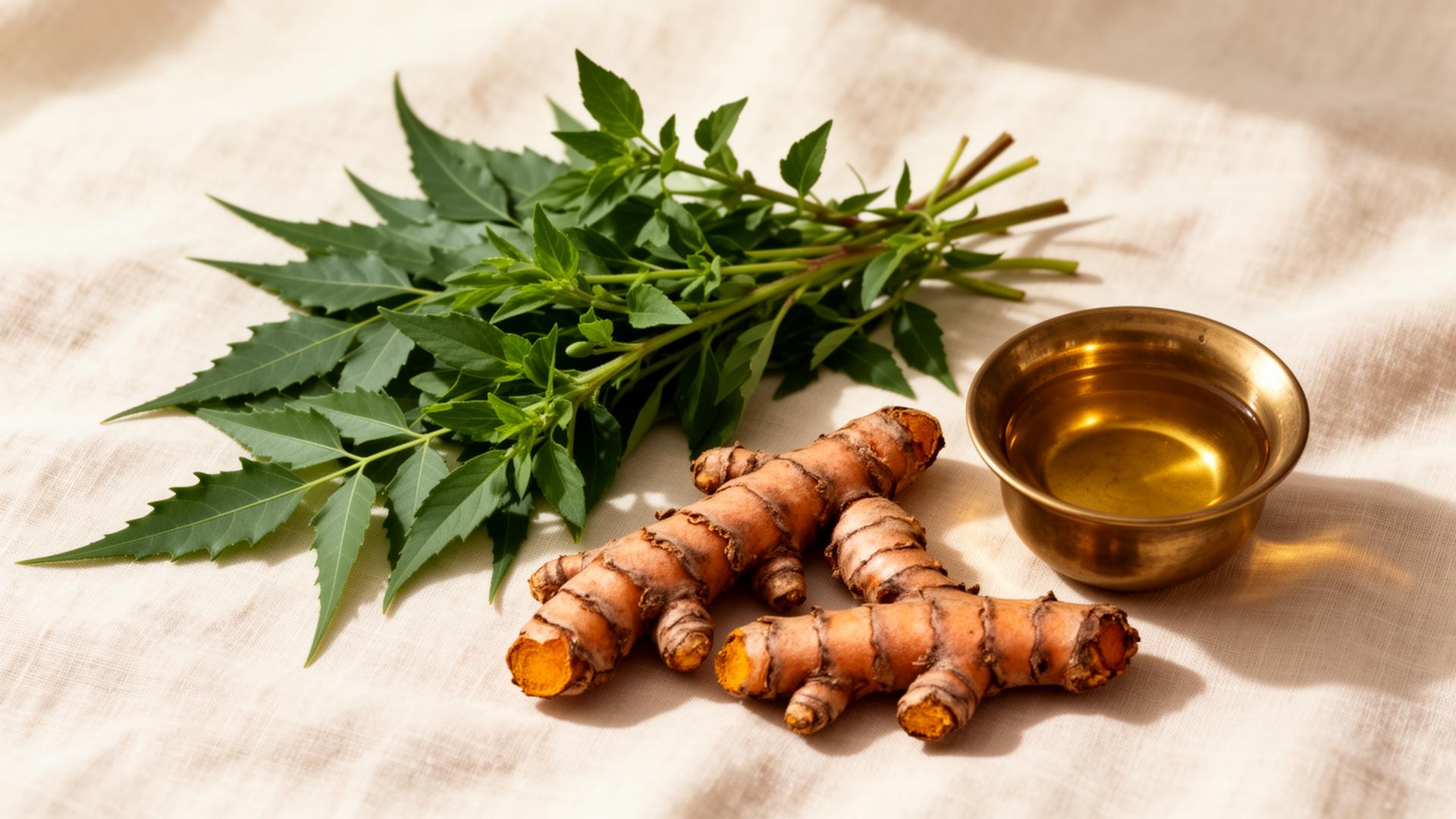 Ayurvedic botanicals — neem, tulsi, turmeric and brass vessel on cream linen