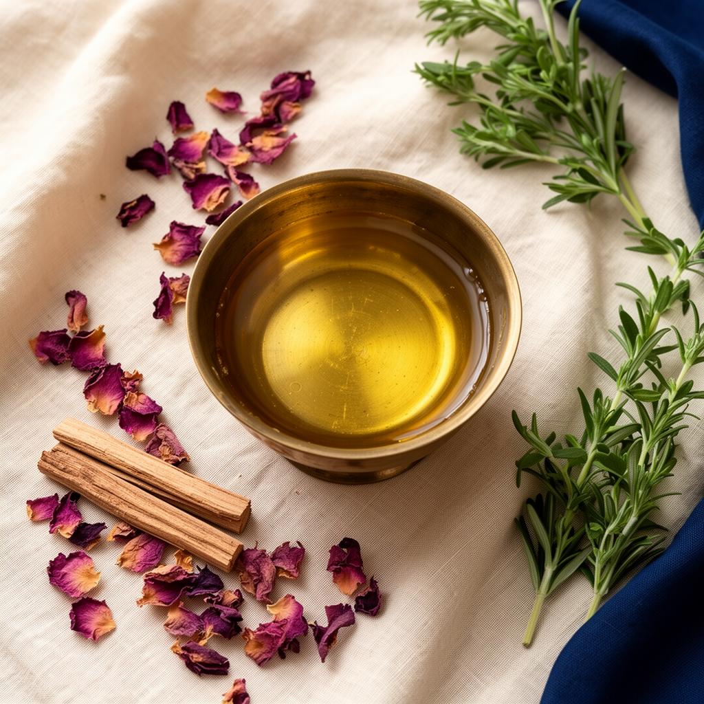 Brass bowl with golden Ayurvedic oil, dried rose petals and sandalwood